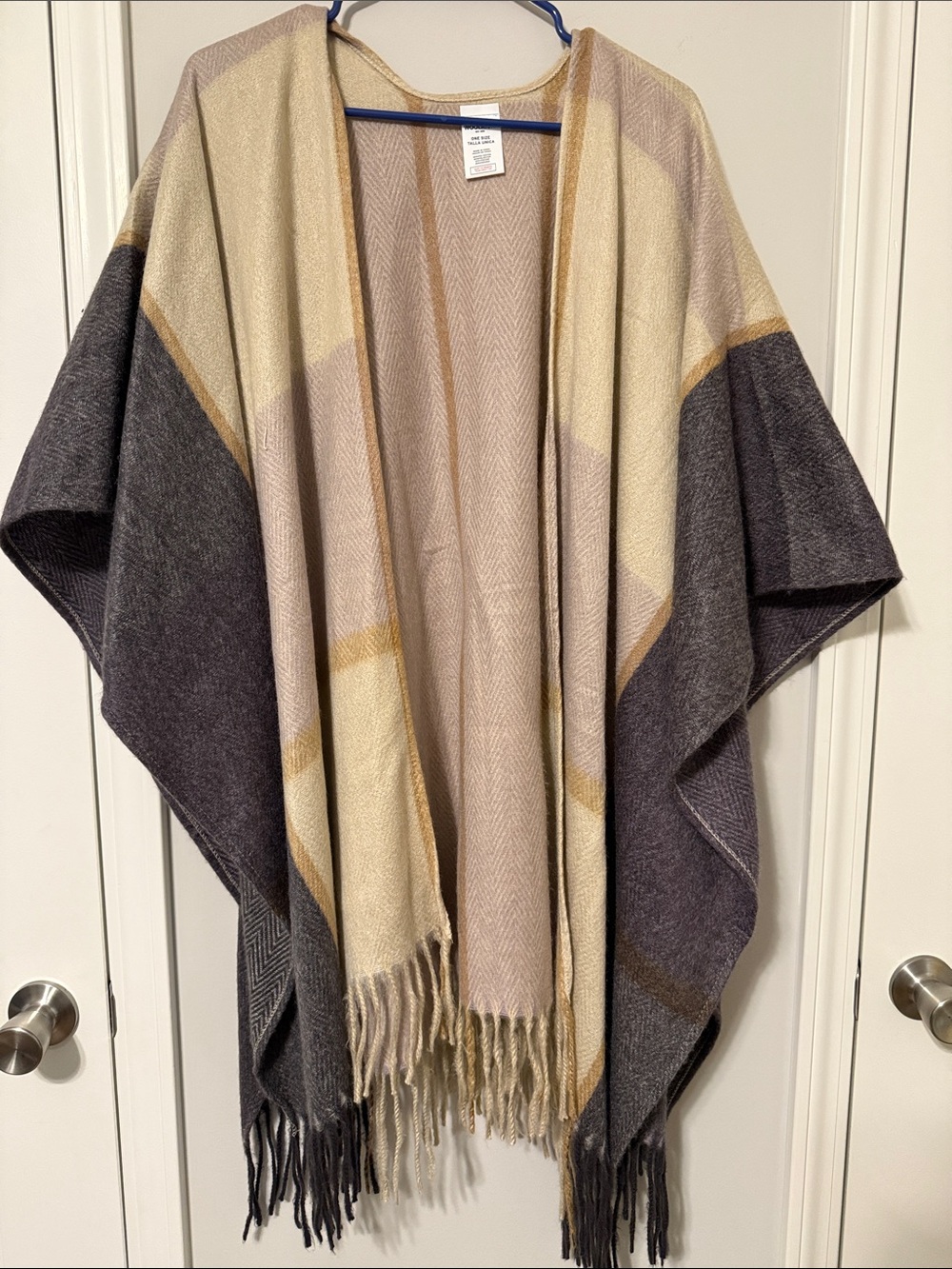 Neutral Colorblock Fringe Poncho